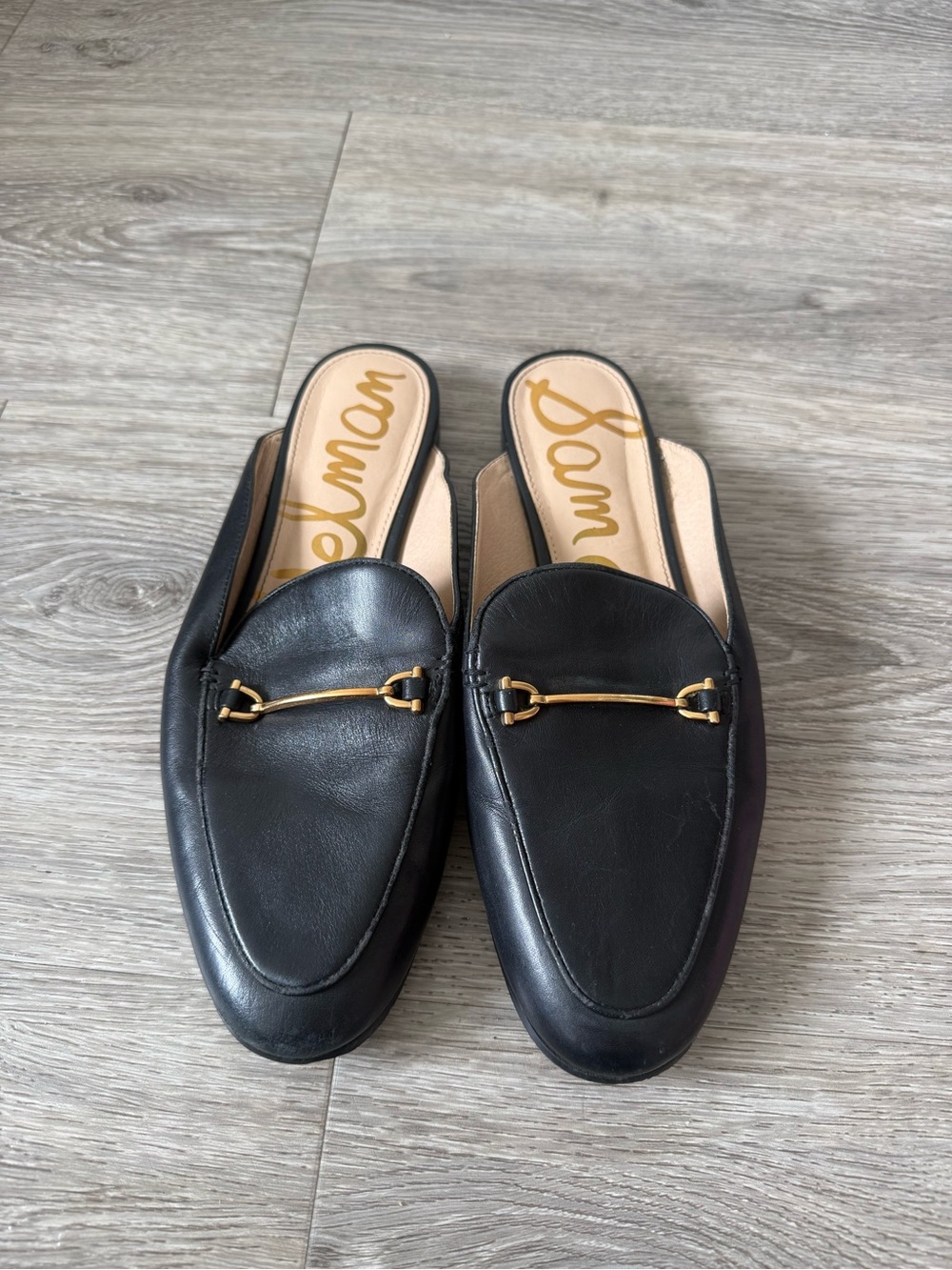 Sam Edelman Black Leather Slip-On Mules with Gold Horsebit